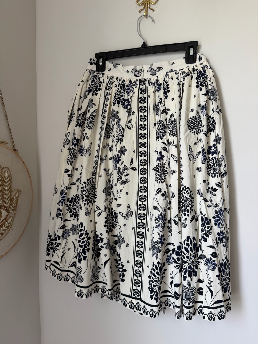 Avec Les Filles Black & cream Floral cotton Midi A-line flare Skirt - Picture 6 of 6